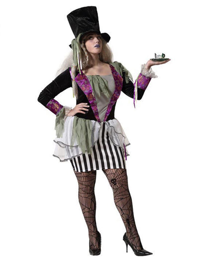 Costum de pălărier întunecat pentru femei, negru și violet, cu fustă în dungi și pălărie cilindrică
