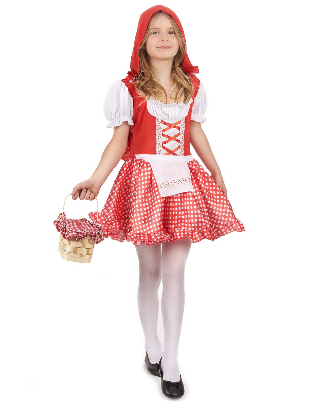Costum scufița roșie tradițional pentru fată roșu și alb în carouri