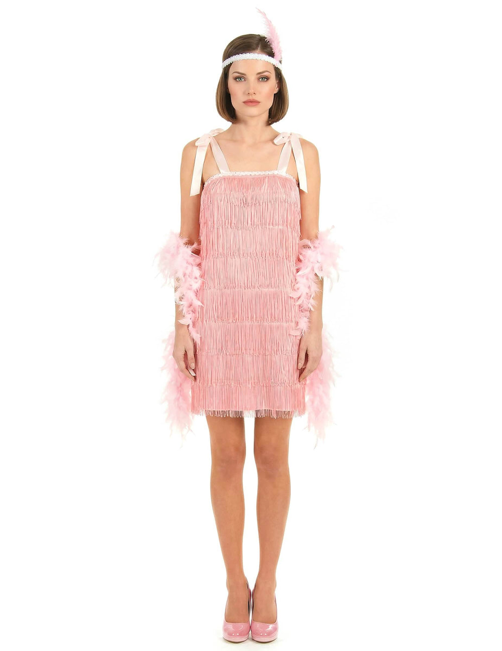 Costum charleston pentru femeie roz cu franjuri
