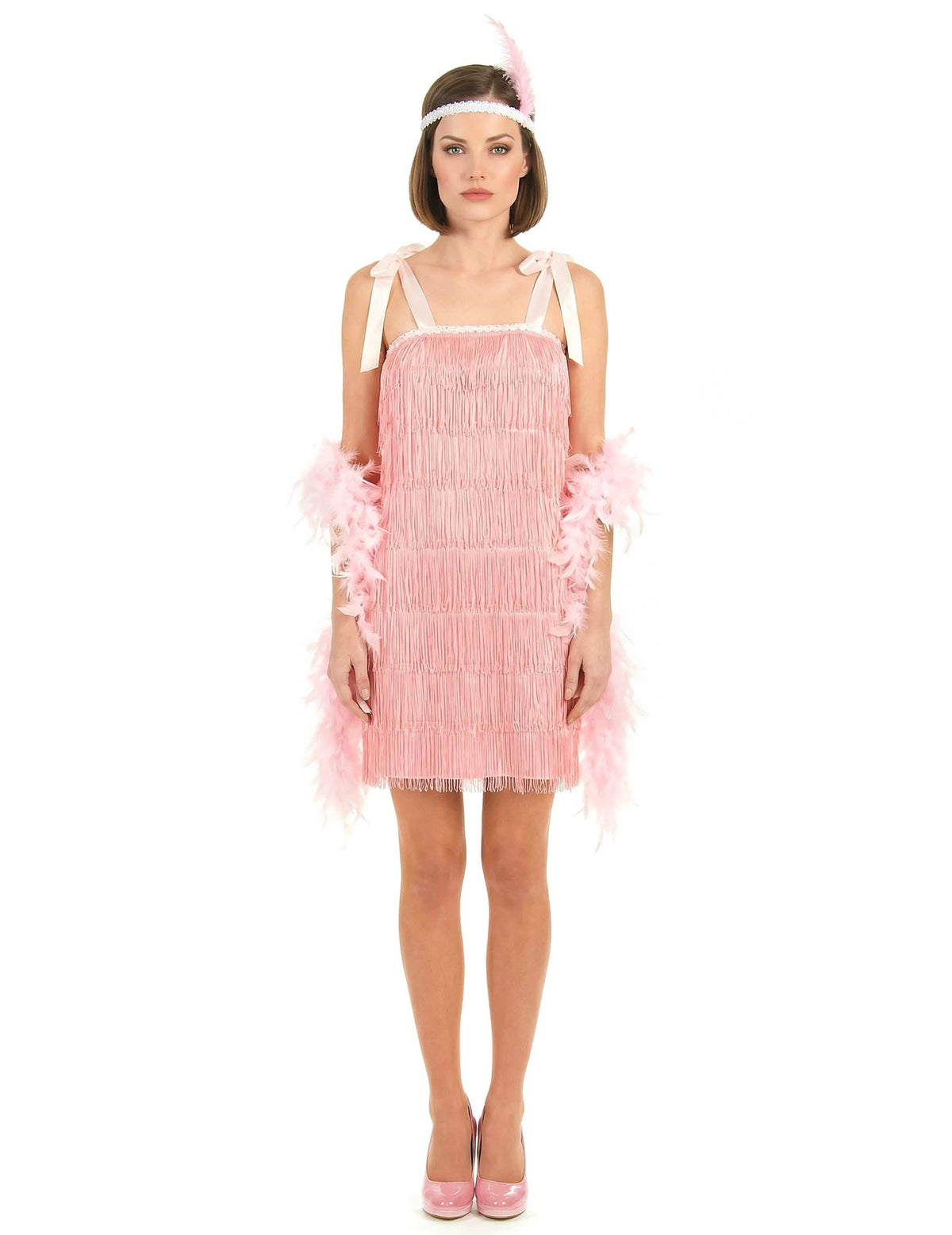 Costum charleston pentru femeie roz cu franjuri