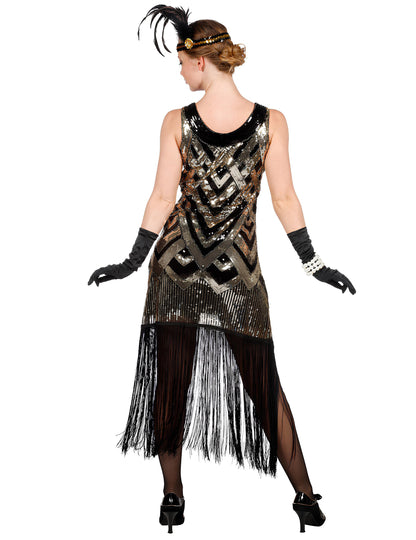 Costum de carnaval Charleston negru și auriu cu paiete, de lux, pentru femei 