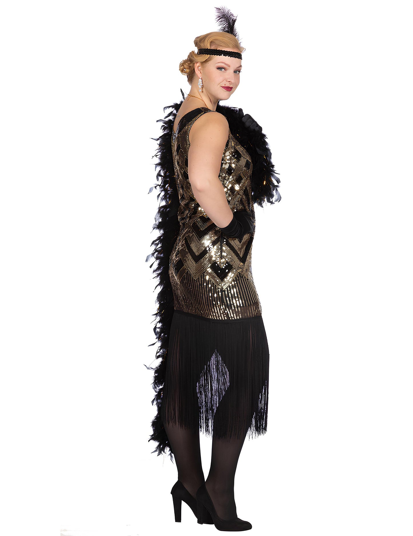 Costum de carnaval Charleston negru și auriu cu paiete, de lux, pentru femei 