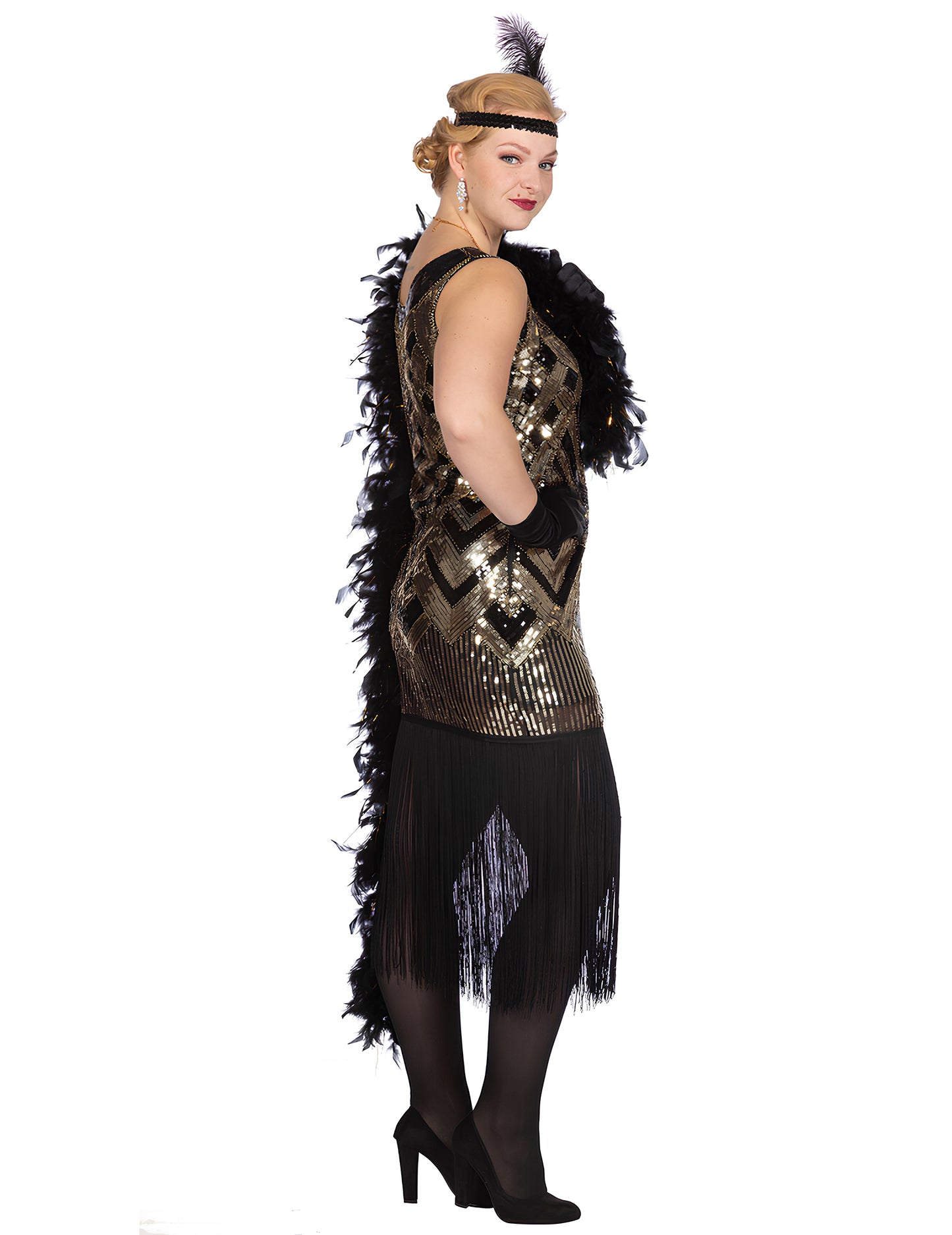 Costum de carnaval Charleston negru și auriu cu paiete, de lux, pentru femei 