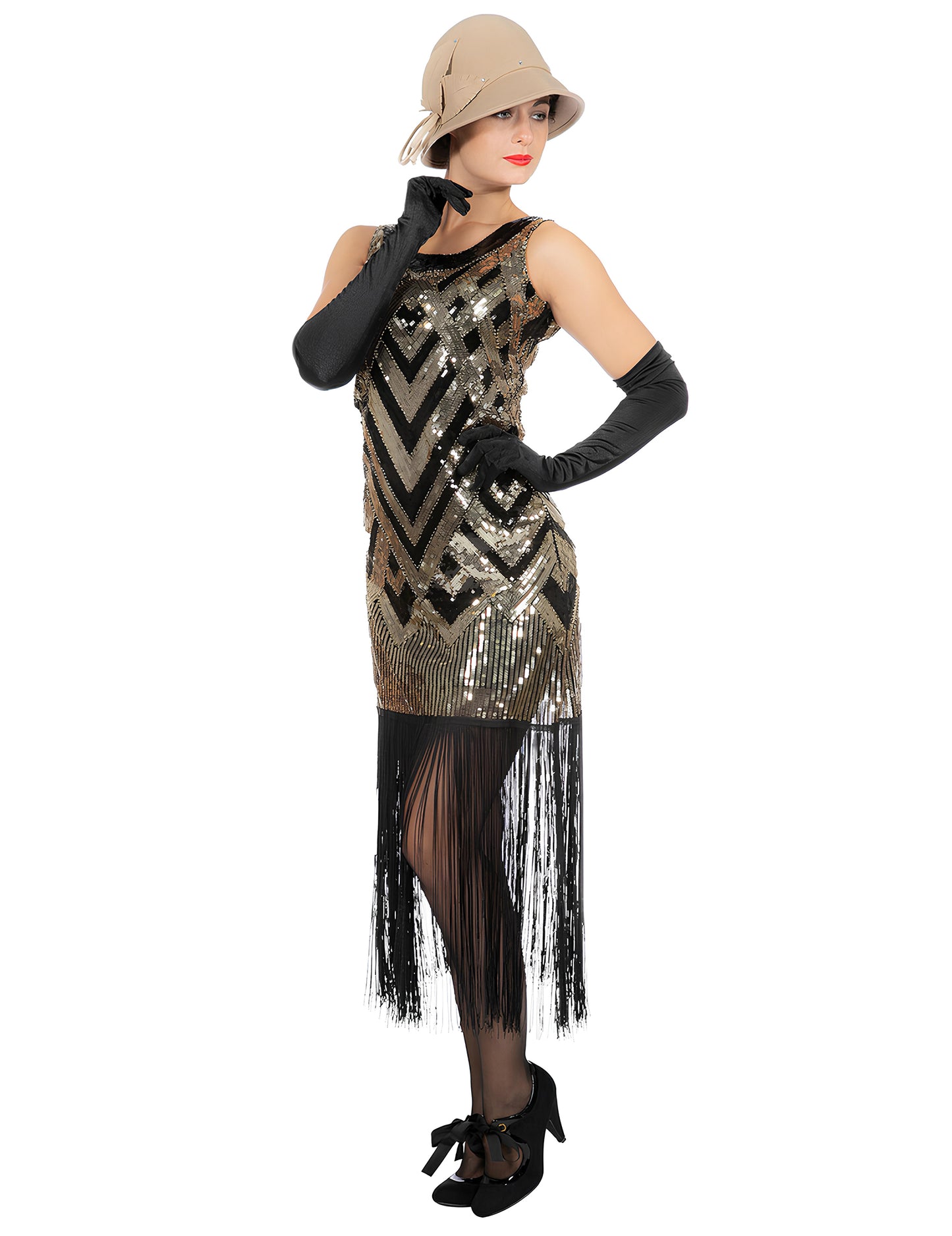 Costum de carnaval Charleston negru și auriu cu paiete, de lux, pentru femei 