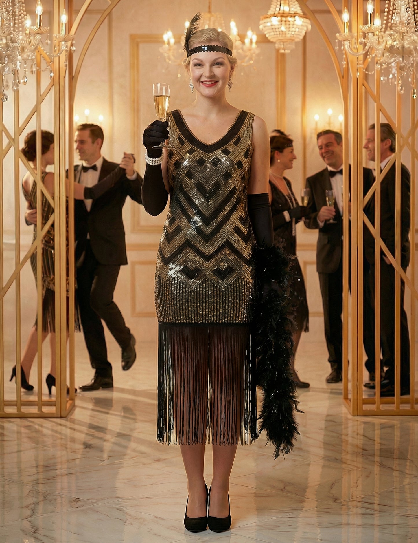 Costum de carnaval Charleston negru și auriu cu paiete, de lux, pentru femei 