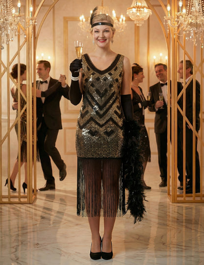 Costum de carnaval Charleston negru și auriu cu paiete, de lux, pentru femei 