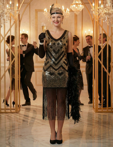 Costum de carnaval Charleston negru și auriu cu paiete, de lux, pentru femei 