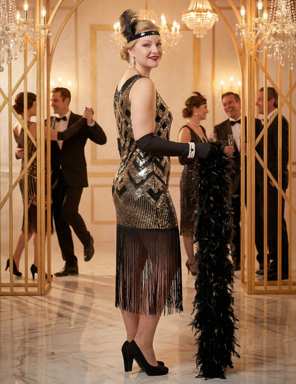 Vue de profil du déguisement Charleston pour femme noir et doré à sequins luxe