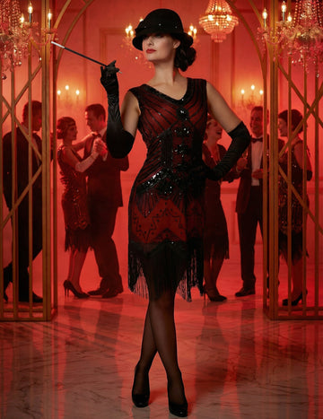 Costum de carnaval Charleston roșu cu paiete, de lux, pentru femei 