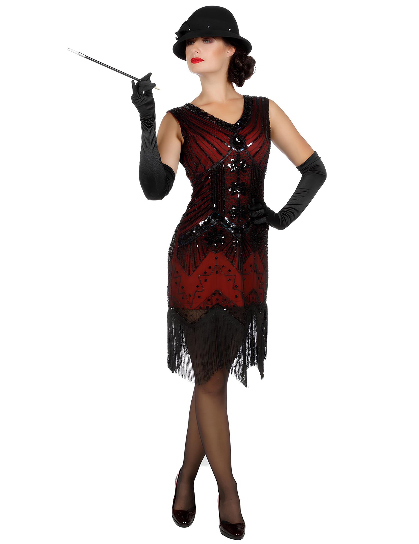 Costum de carnaval Charleston roșu cu paiete, de lux, pentru femei 