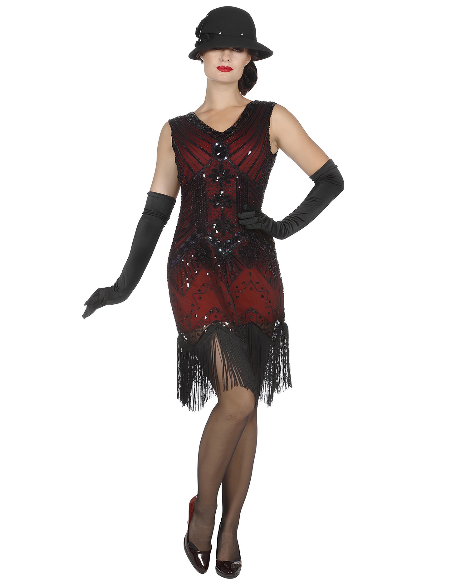 Costum de carnaval Charleston roșu cu paiete, de lux, pentru femei 