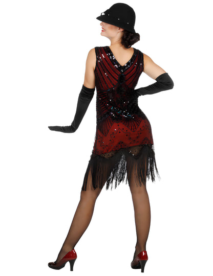 Costum de carnaval Charleston roșu cu paiete, de lux, pentru femei 