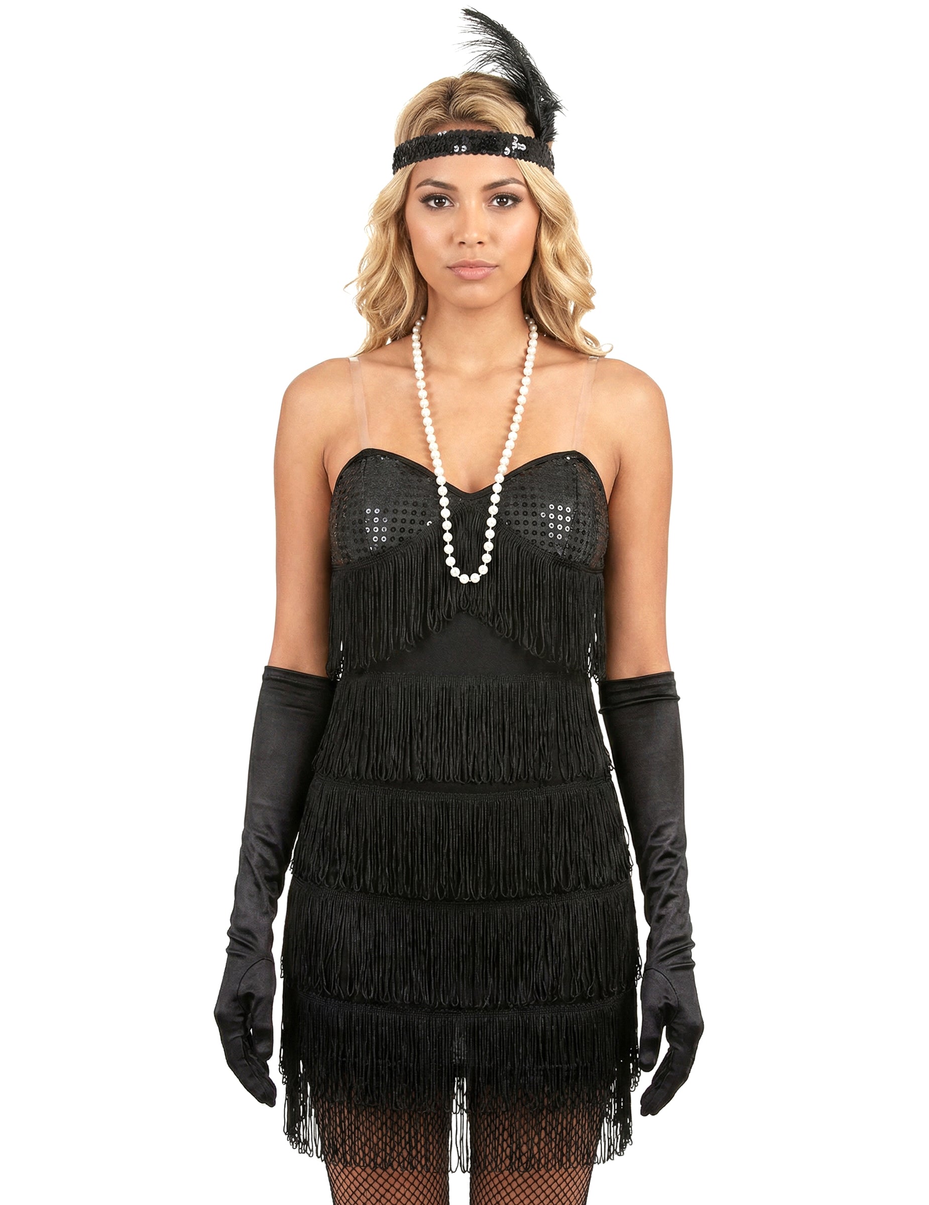 Costum charleston sexy pentru femei, negru, cu franjuri și paiete