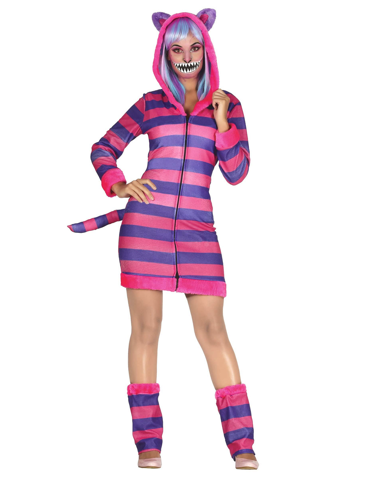Costume de pisici dungat pentru femeie roz și mov cu glugă și coadă