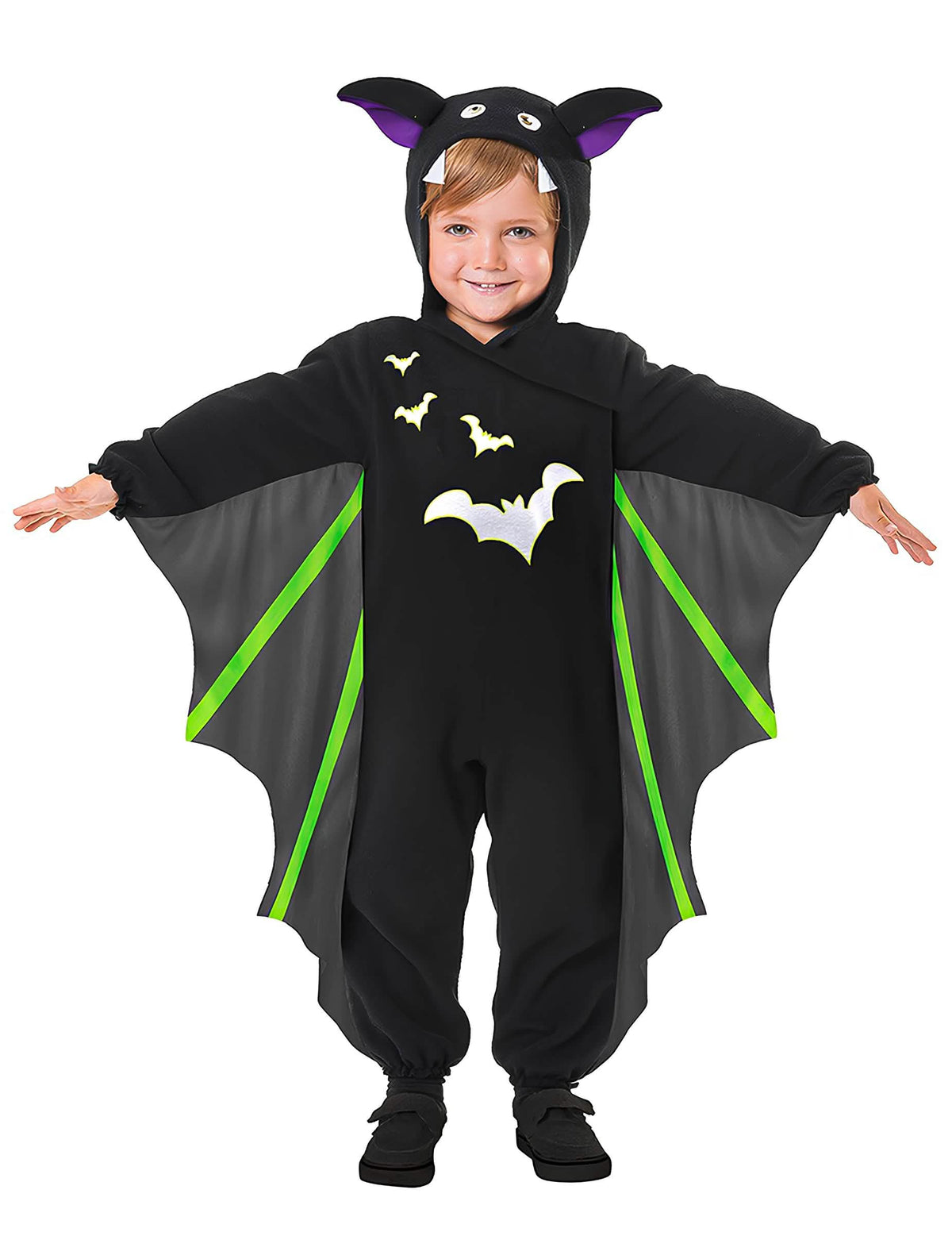 Costum de liliac zburător pentru copil negru cu aripi gri și verzi