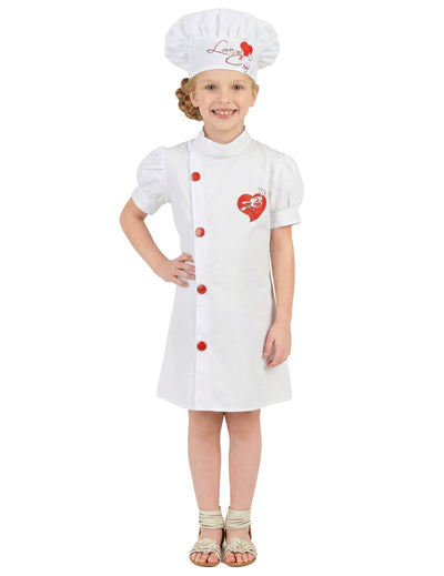 Déguisement de chef cuisinier pour fille blanc avec cœurs rouges et toque