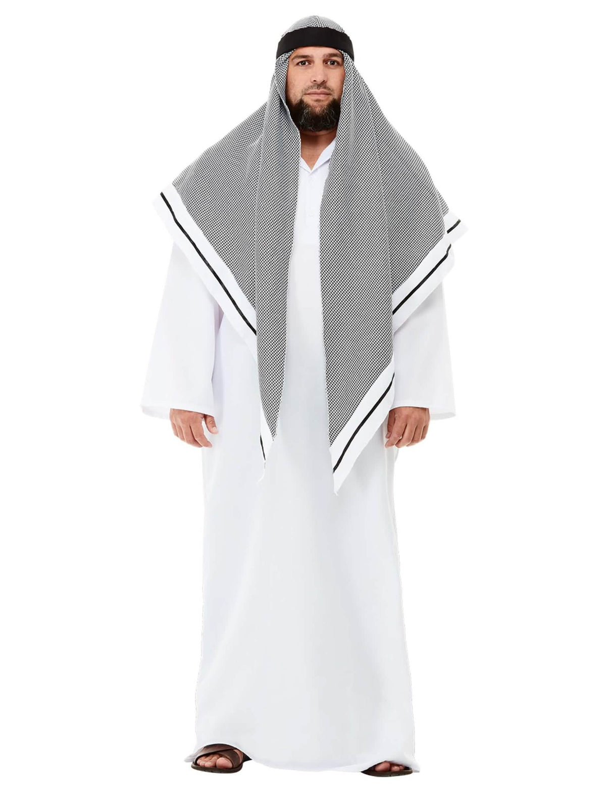Costum de șeic pentru adult alb lux cu coafă neagră și albă