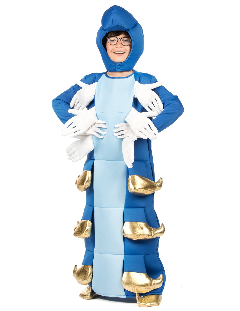 Déguisement de chenille pour enfant bleue avec mains blanches et pieds dorés