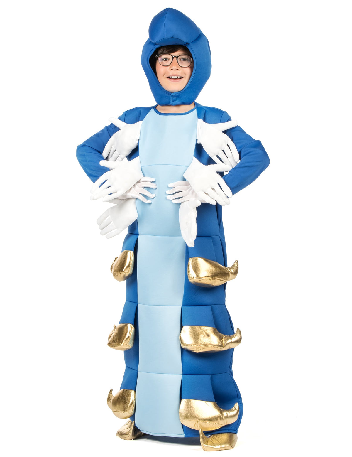 Déguisement de chenille pour enfant bleue avec mains blanches et pieds dorés