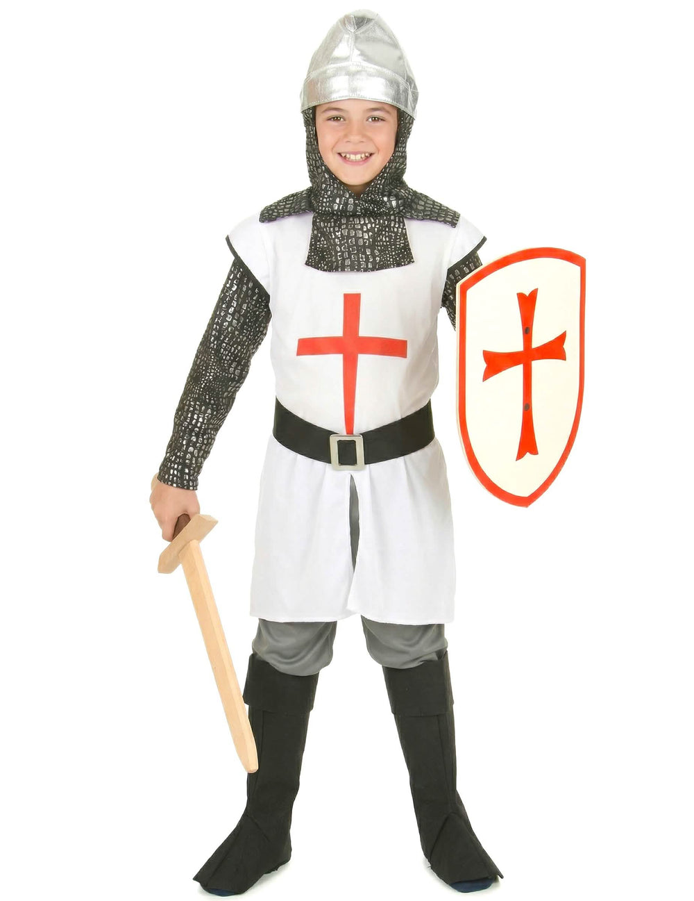 Costum de cavaler cu cruce pentru băiat alb și roșu cu cagulă argintie