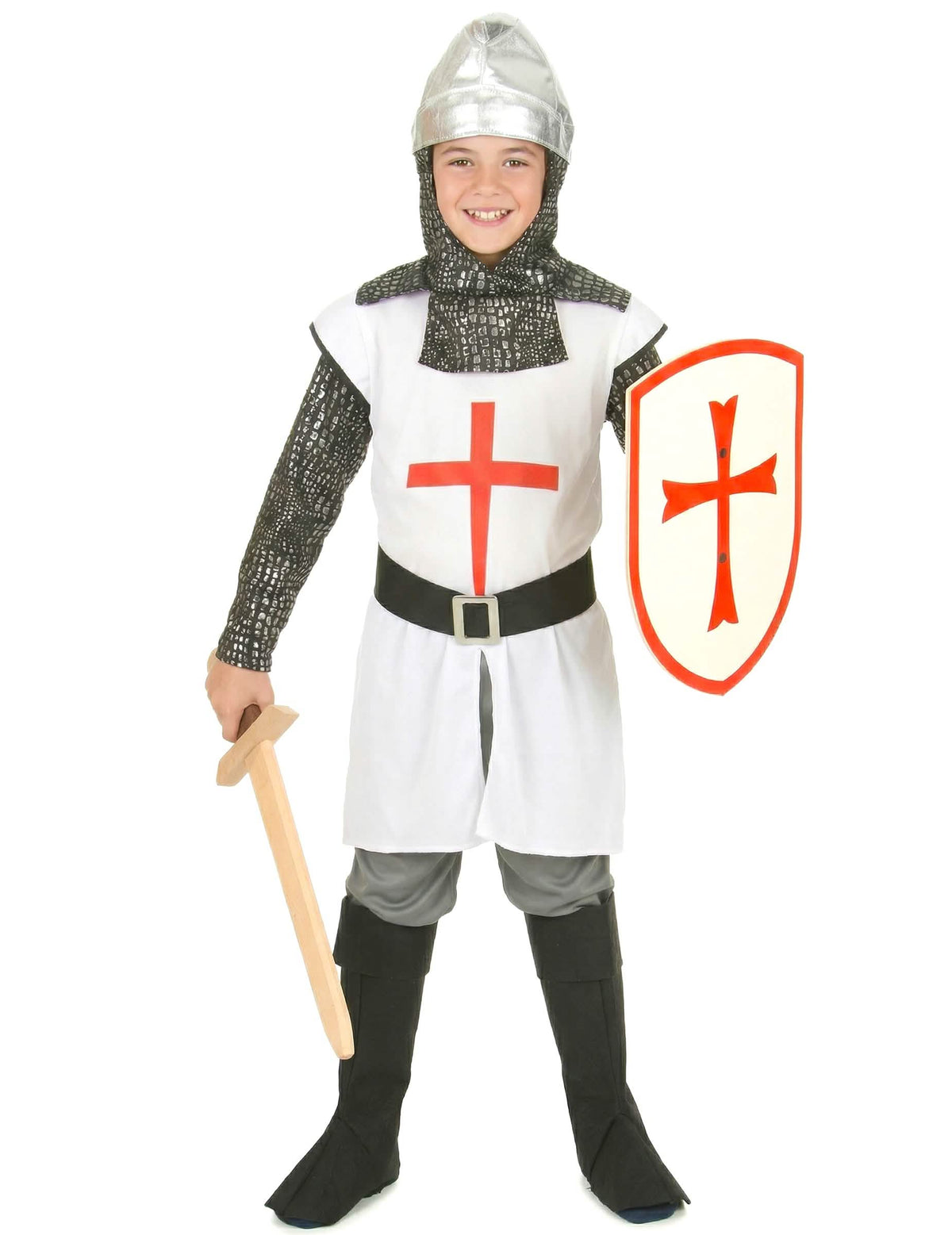 Costum de cavaler cu cruce pentru băiat alb și roșu cu cagulă argintie