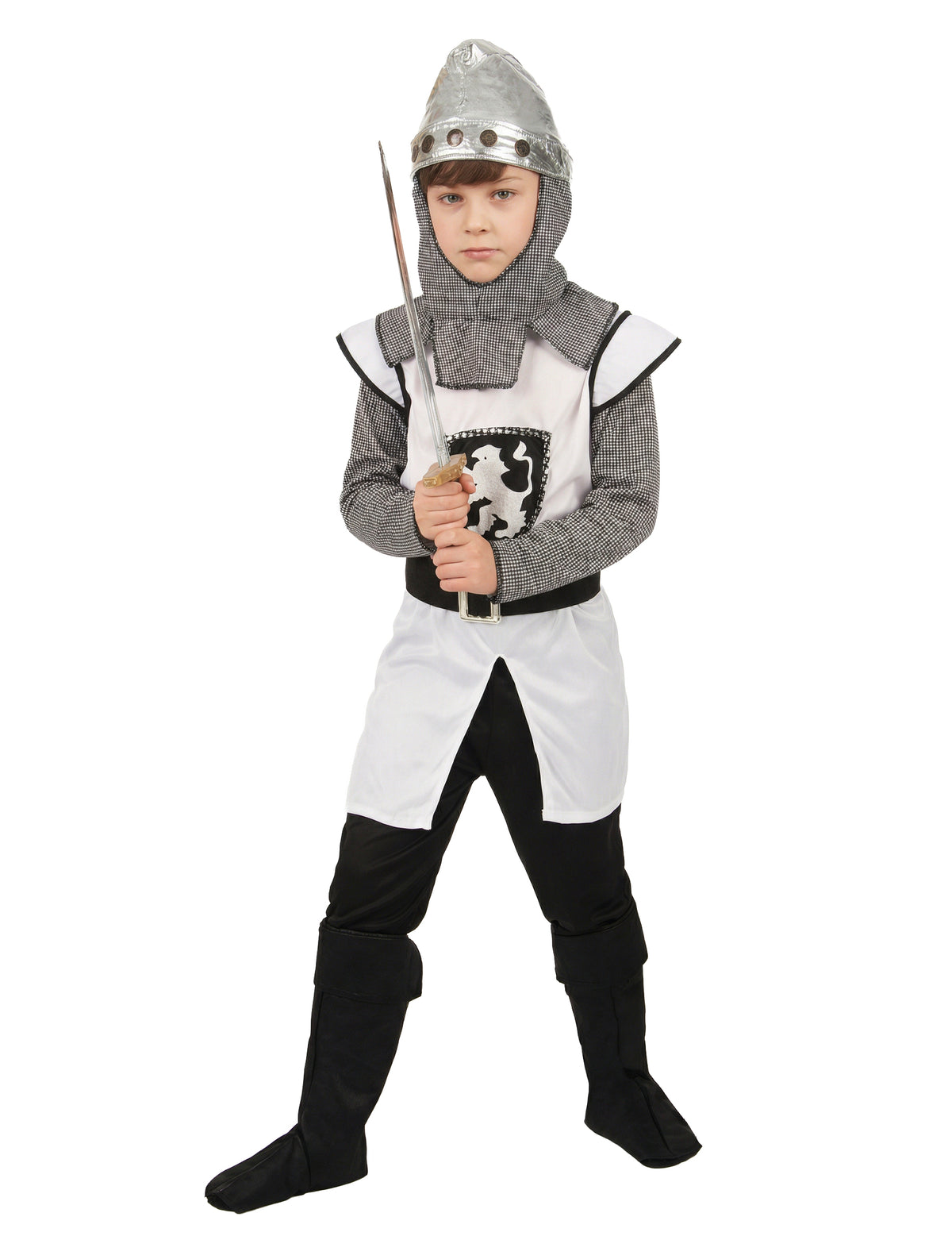 Déguisement de chevalier médiéval croisé pour garçon blanc et noir avec casque argenté