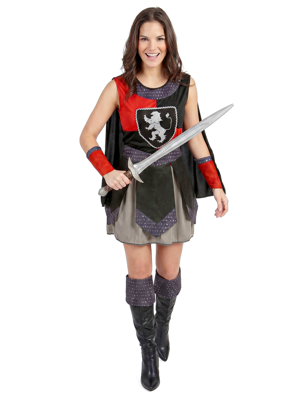 Déguisement de chevalier médiéval pour femme rouge, noir et gris avec blason de lion