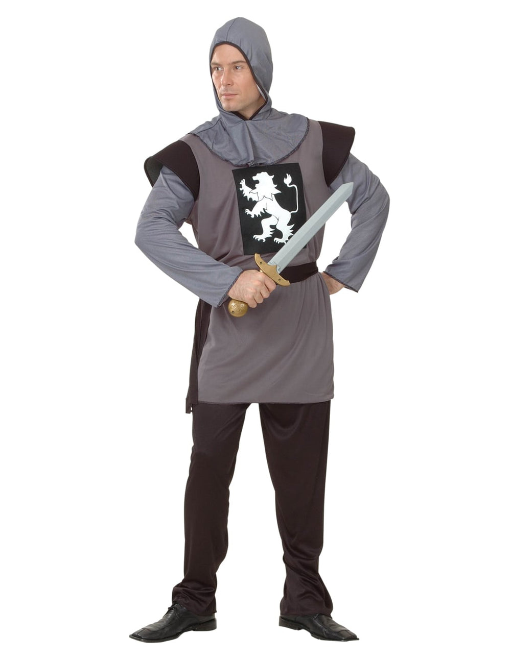 Déguisement de chevalier médiéval pour homme gris avec écusson lion et cagoule