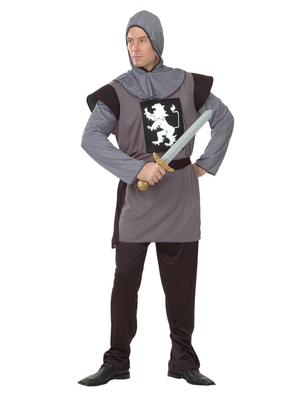 Déguisement de chevalier médiéval pour homme gris avec écusson lion et cagoule