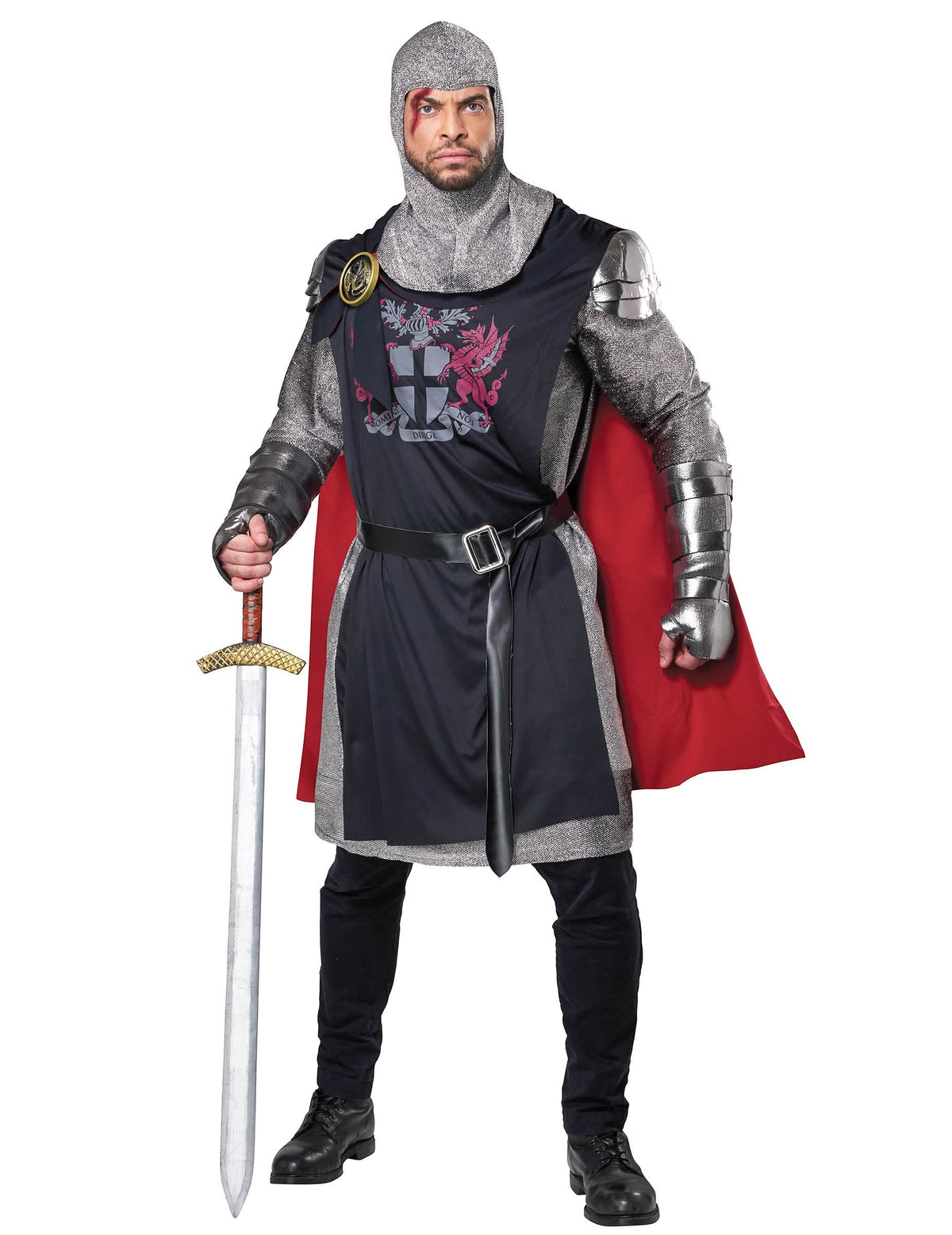 Costum de cavaler medieval pentru bărbat negru și argintiu cu pelerină roșie