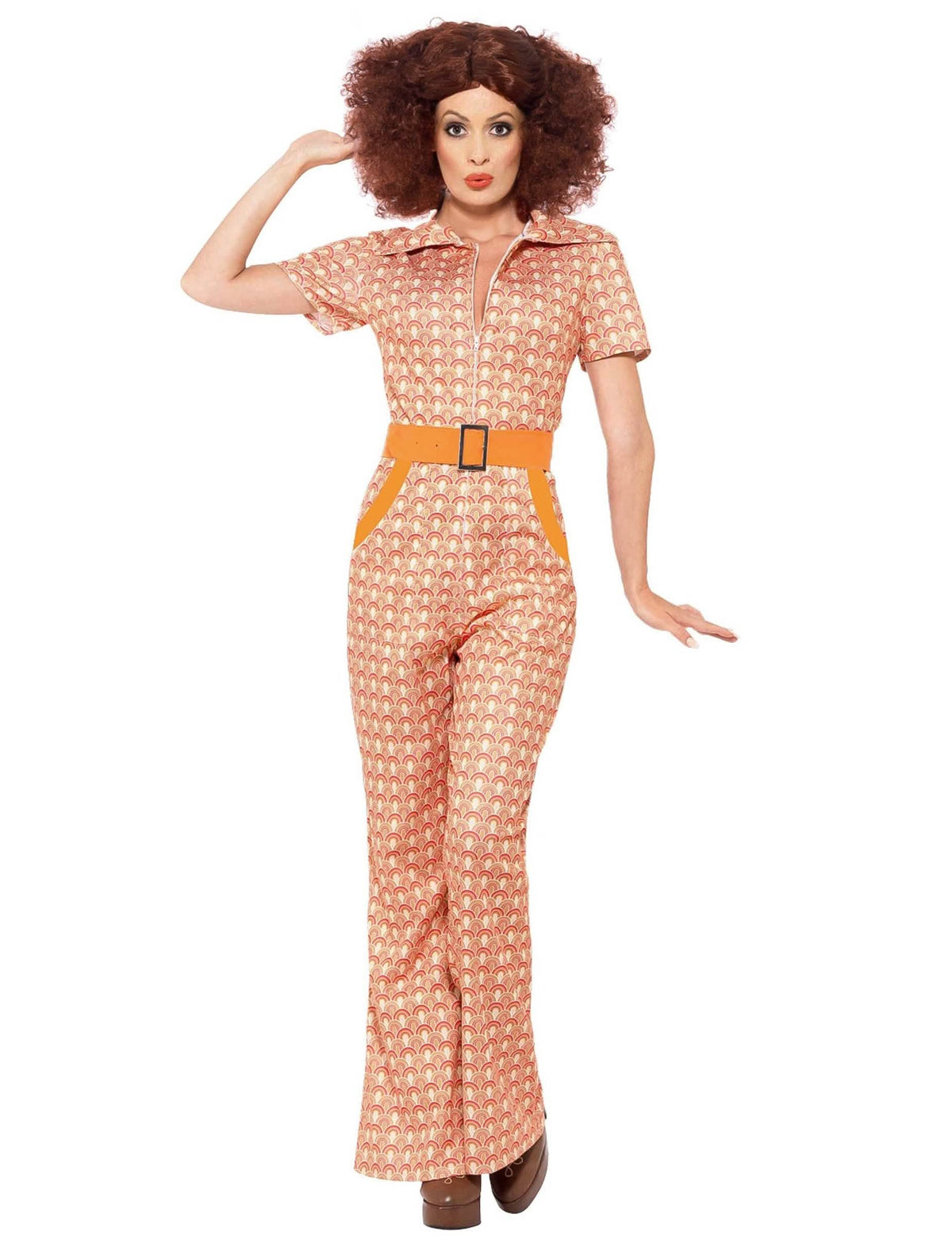 Costum chic anii 70 pentru femeie portocaliu cu motive cu curea