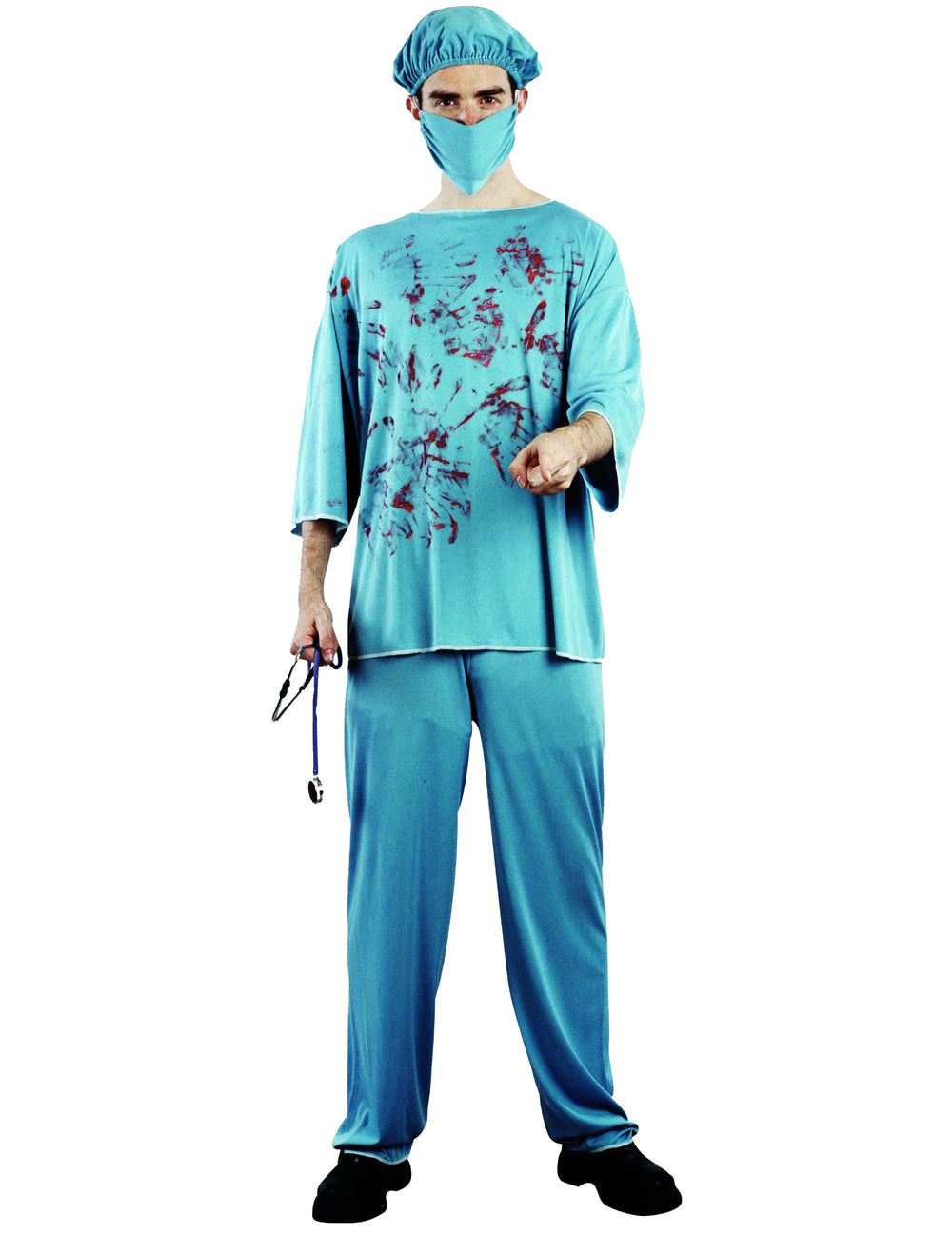Déguisement de chirurgien ensanglanté pour adulte bleu turquoise avec charlotte et masque