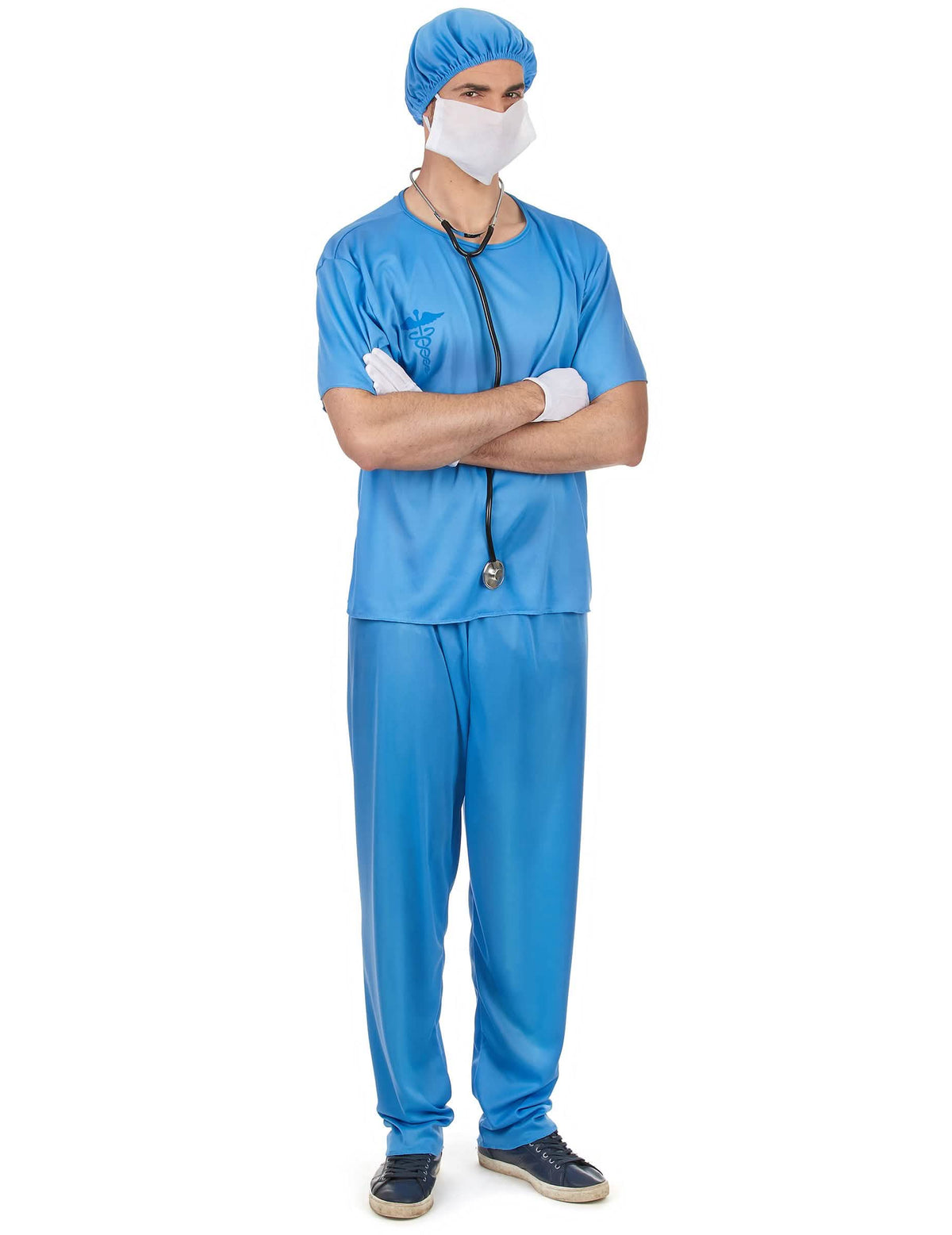 Costum de chirurg pentru bărbat albastru cu bonetă și mască