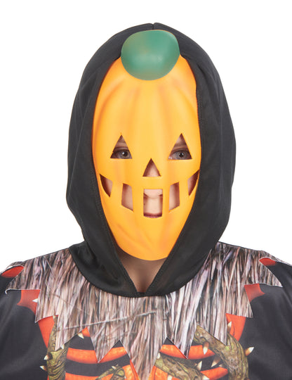Gros plan sur le masque du déguisement citrouille squelette