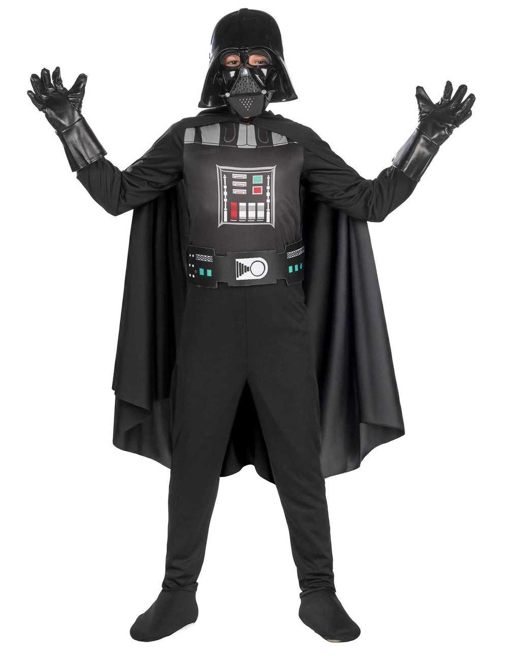 Vedere din față cu brațele ridicate a costumului clasic Dark Vador pentru băiat
