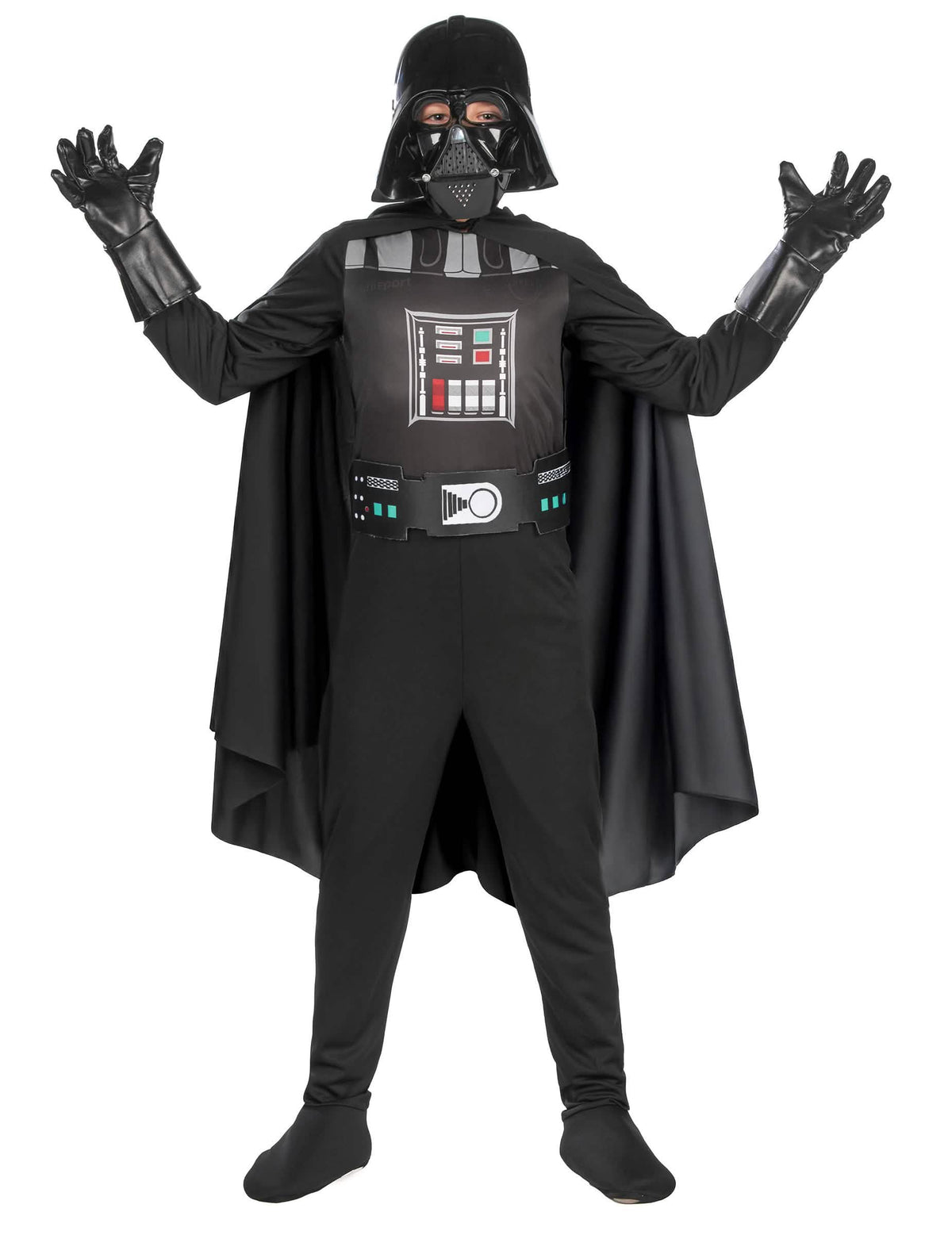 Vedere din față cu brațele ridicate a costumului clasic Dark Vador pentru băiat