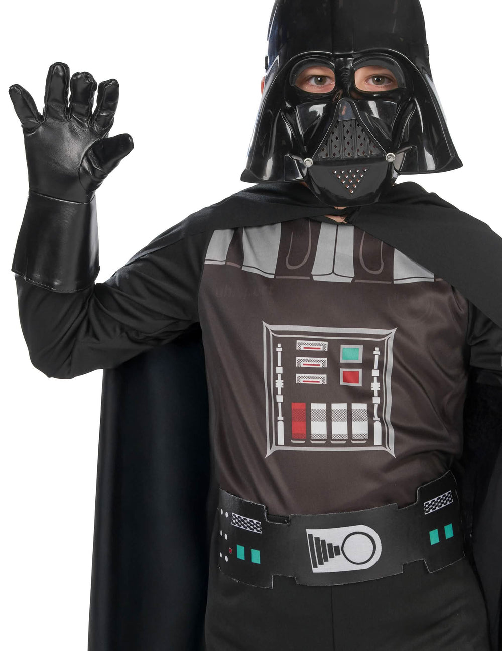 Prim-plan pe bust și pe masca costumului clasic Darth Vader pentru băiat
