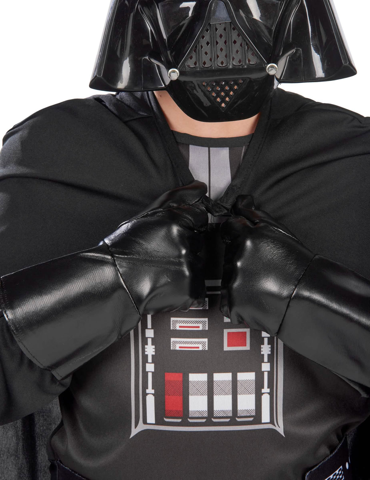 Prim-plan pe bustul și mănuși ale costumului clasic Dark Vador pentru băiat