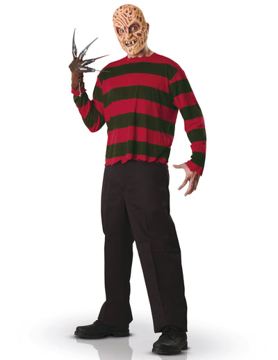 Costum clasic Freddy Krueger pentru bărbați cu pulover cu dungi roșii și verzi, mască și mănușă cu gheare