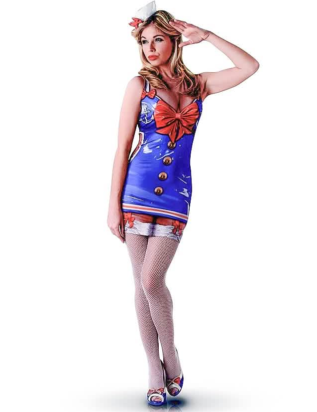Costum de marinar sexy pentru femeie albastru cu fundă roșie și pălărie