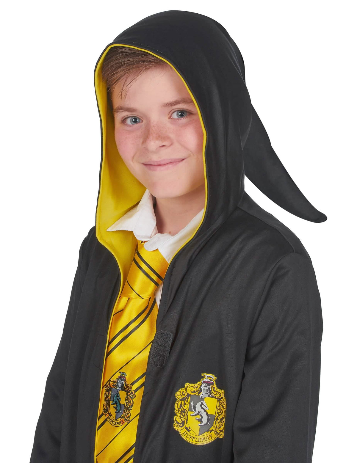 Vedere din față a glugii ascuțite a costumului clasic Poufsouffle Harry Potter™ copil