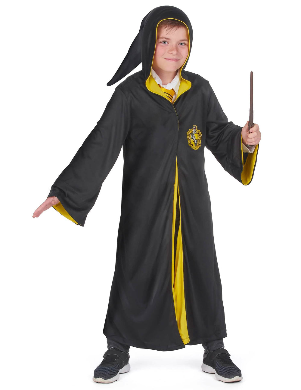 Vedere din față cu glugă ascuțită a costumului clasic Poufsouffle Harry Potter pentru copil