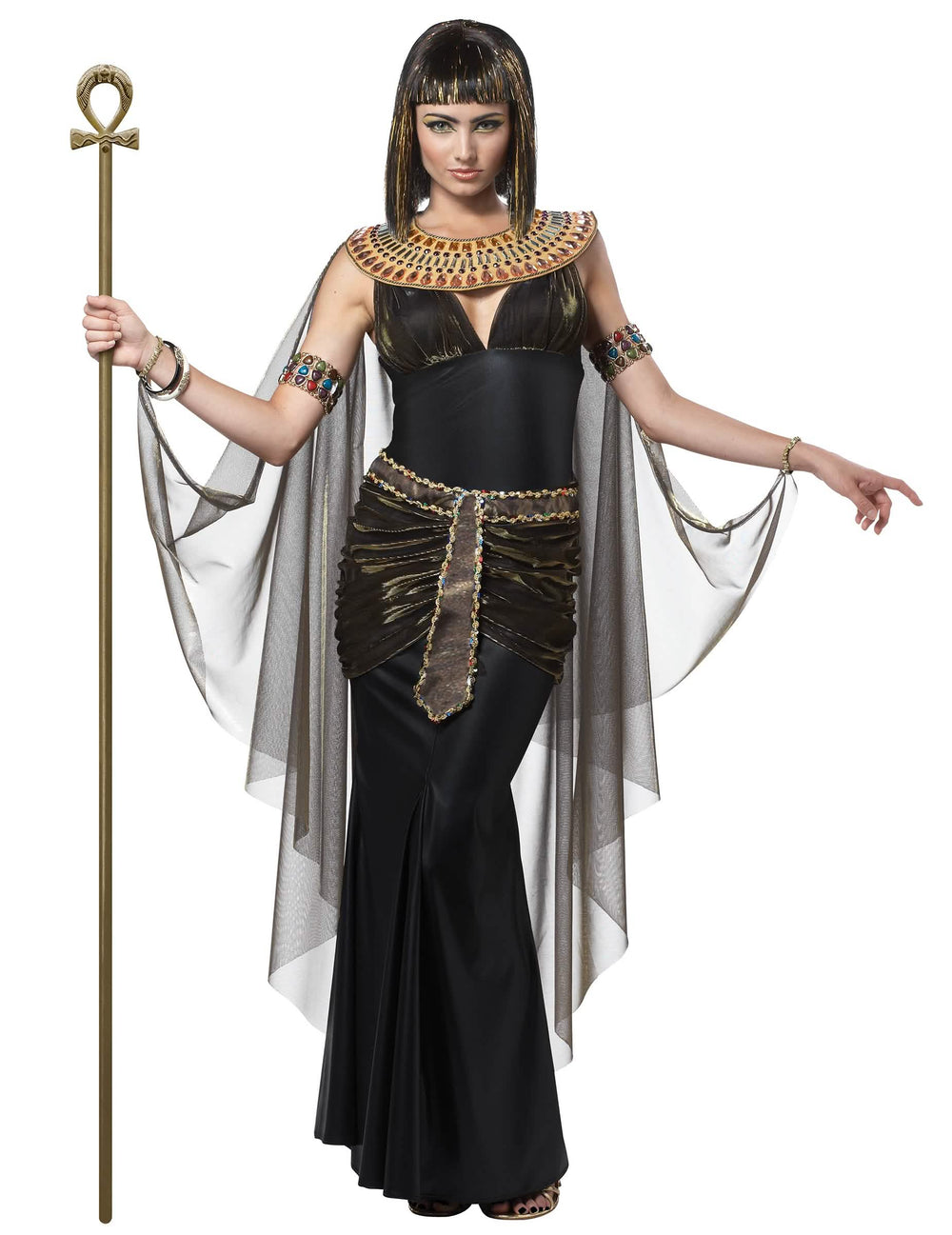 Costum de Cleopatra pentru adult negru și auriu cu guler ornamentat și sceptru