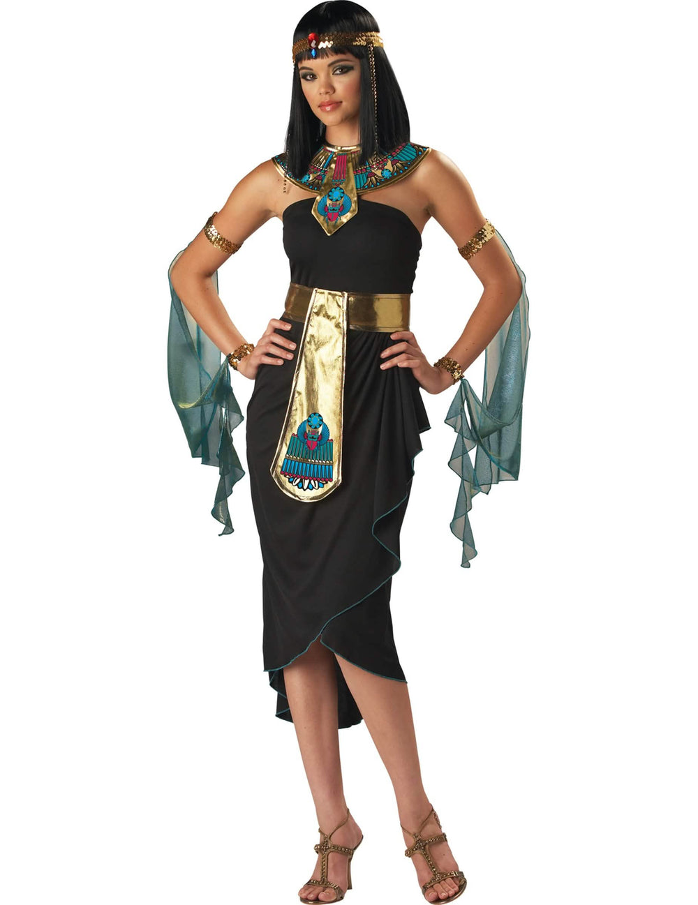 Costum Cleopatra pentru femeie negru și auriu cu guler egiptean și accesorii