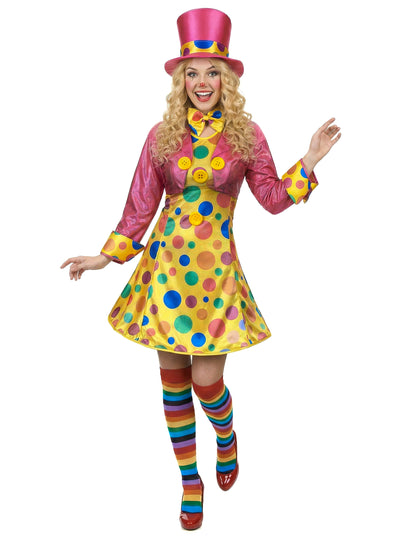 Costum de clown amuzant pentru femei, galben cu buline colorate și jachetă roz