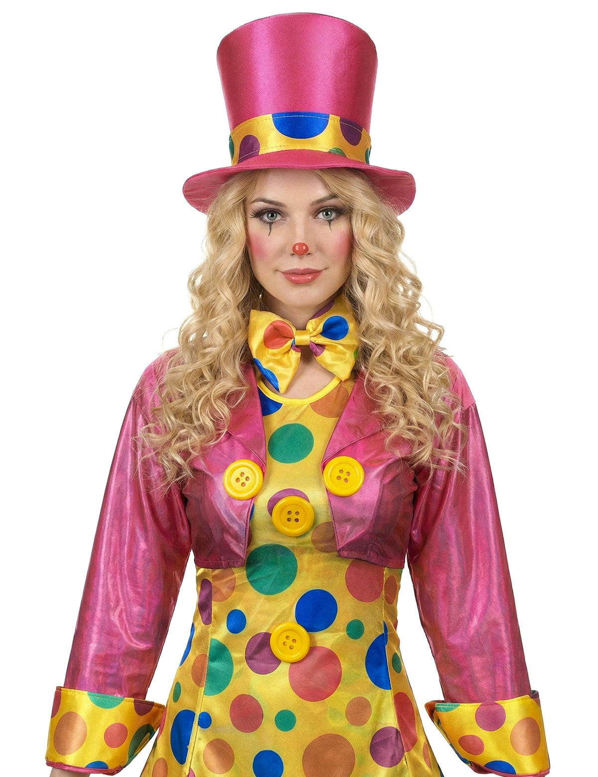 Gros plan sur le chapeau et le nœud papillon du déguisement clown amusant pour femme
