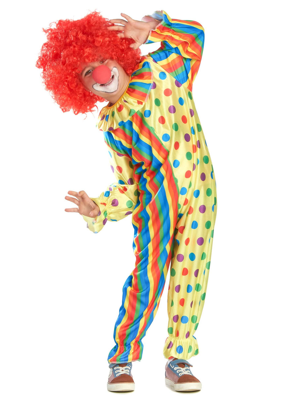 Costum de clovn colorat pentru copil galben cu buline și dungi multicolore