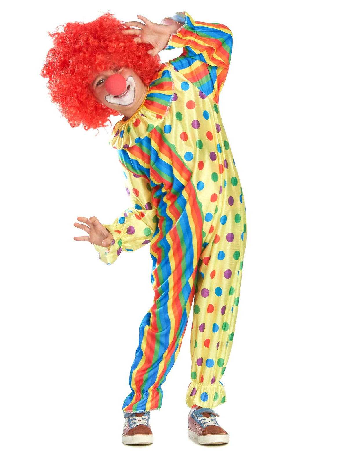 Costum de clovn colorat pentru copil galben cu buline și dungi multicolore