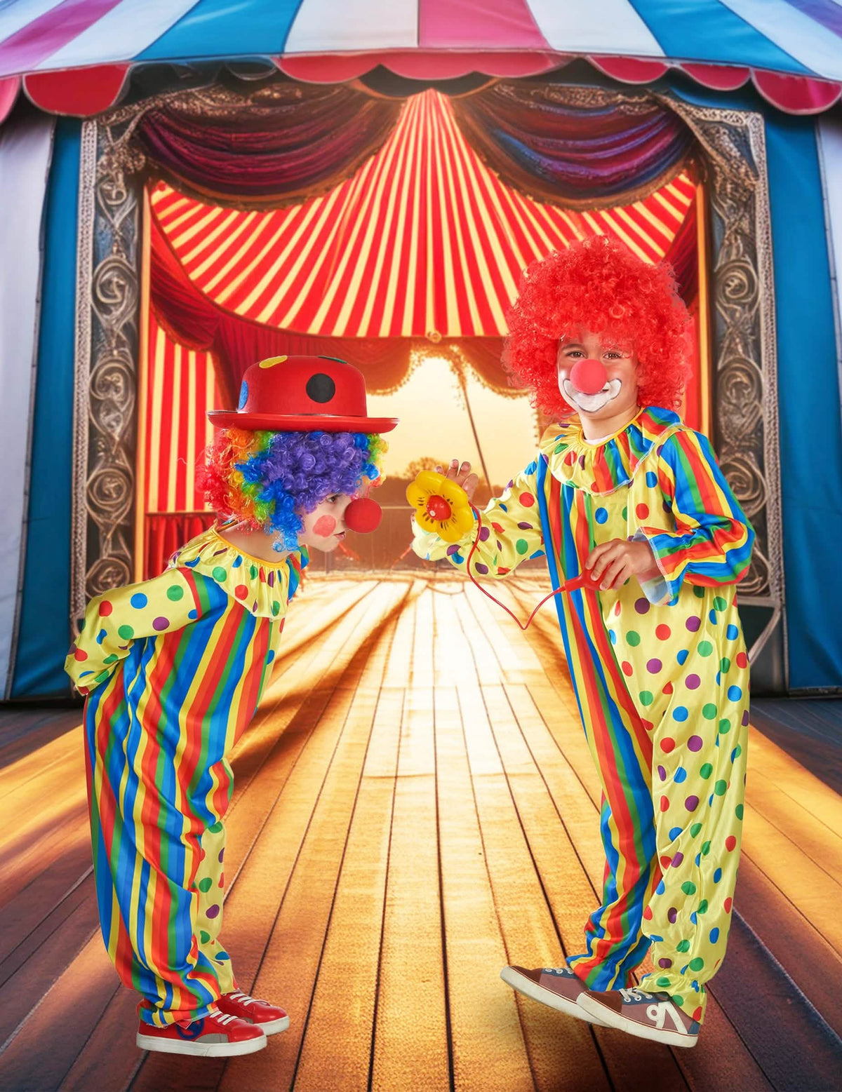 Punere în scenă într-un decor de circ a costumului de clovn colorat pentru copil