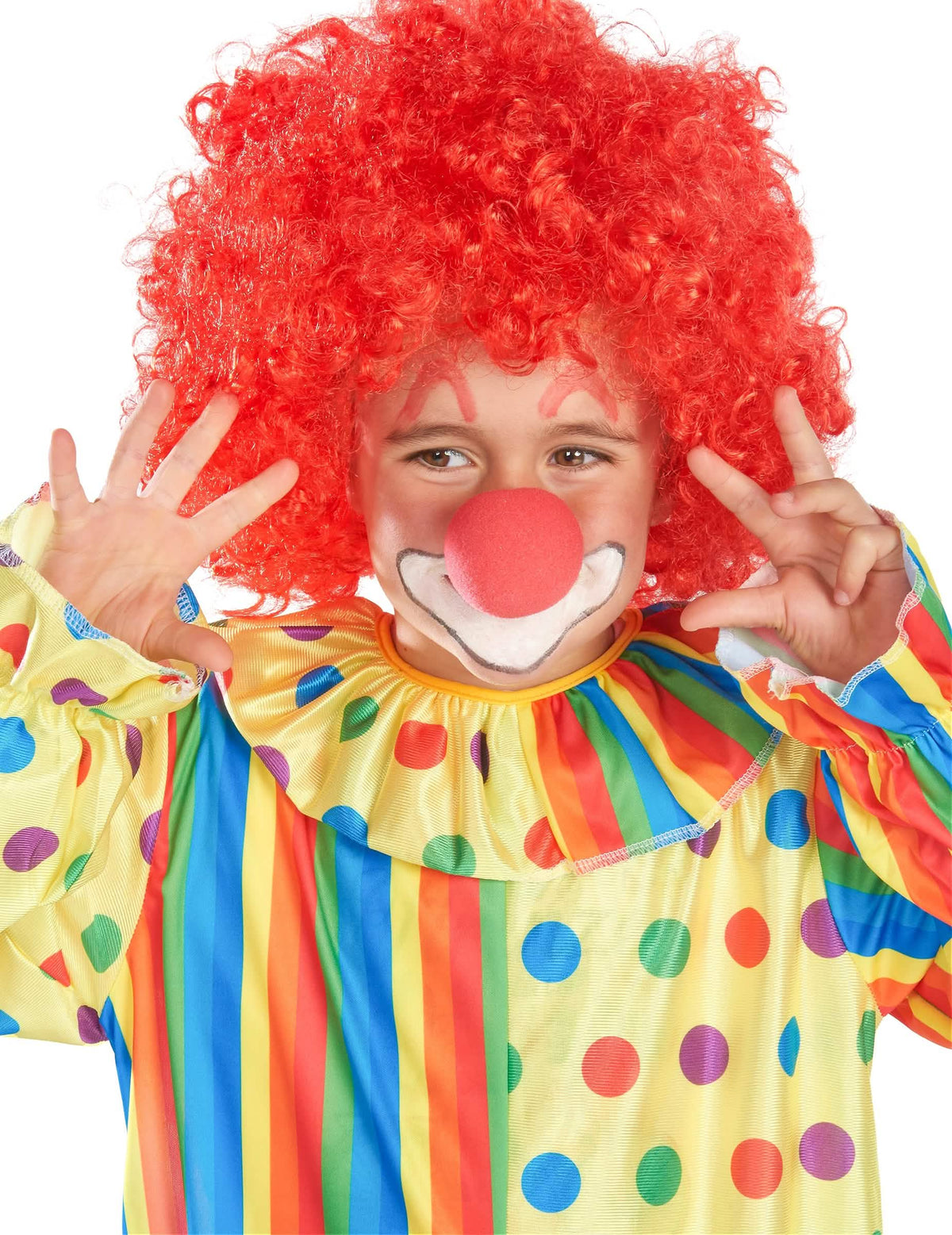 Prim-plan pe machiajul și peruca costumului de clovn colorat pentru copil